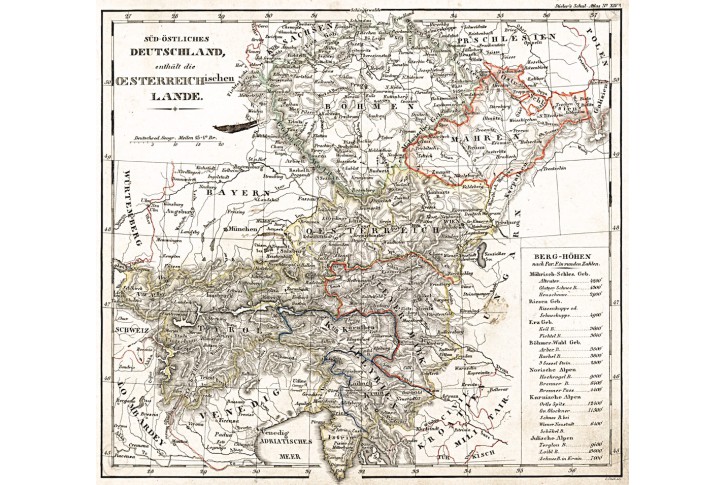 Čechy Morava Rakousko, Stieler,  oceloryt, 1845