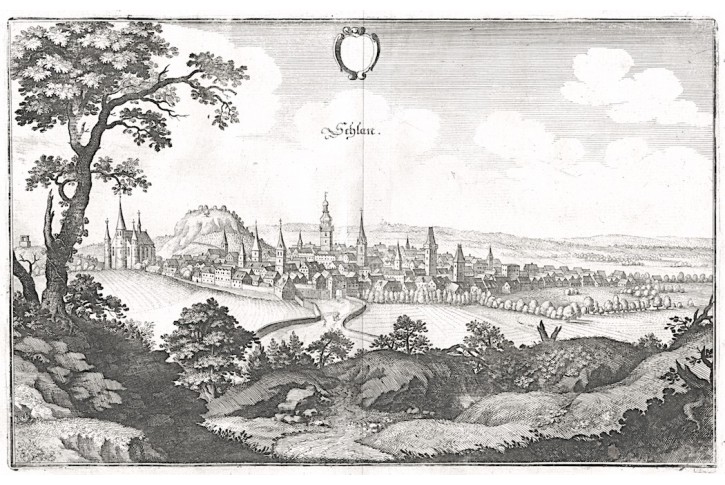 Slaný, Merian, mědiryt, 1650