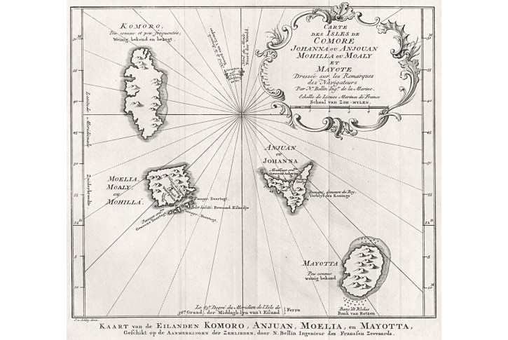 Komorské ostrovy, Bellin , mědiryt, 1754