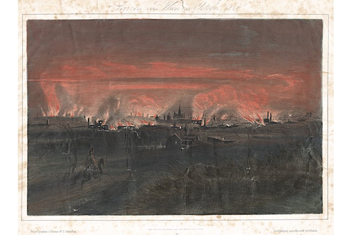 Wien požár 1848, kolor. litografie, 1848