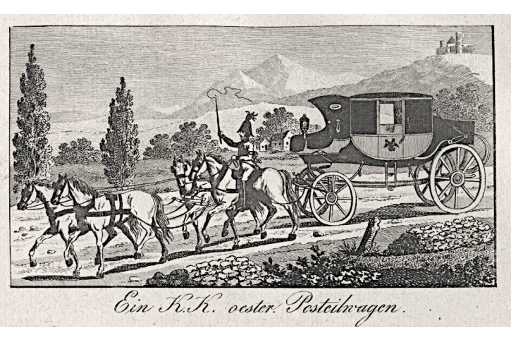 Pošta poštovní kočár,  mědiryt, (1820)