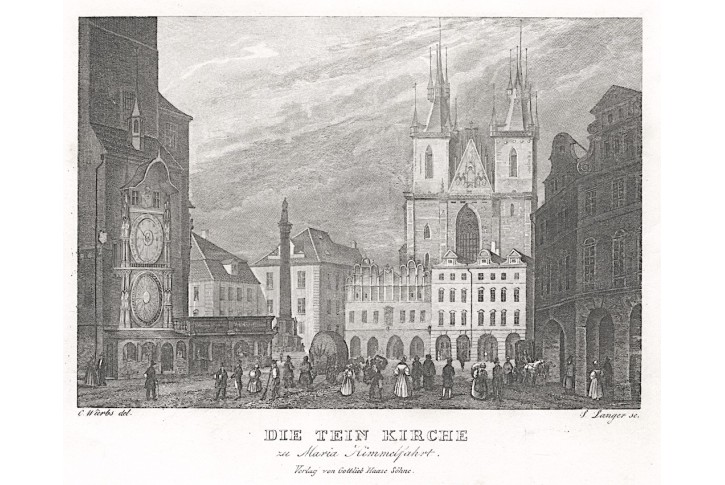 Praha Týnský chrám, Haase, oceloryt (1840)