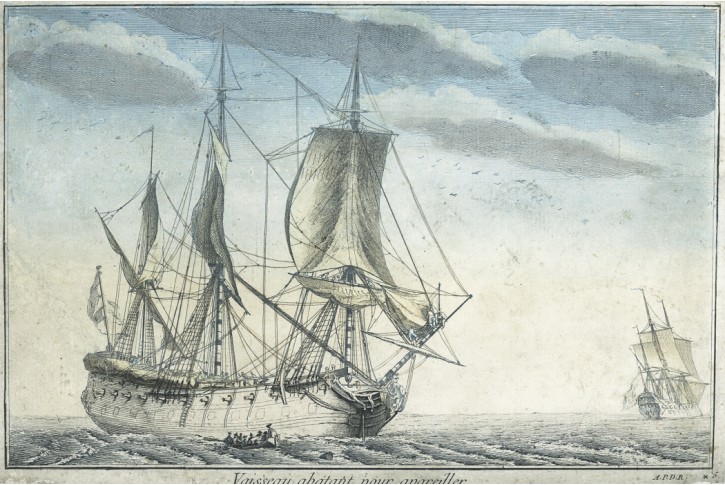 Loď plachetnice, kolor. mědiryt, 18 stol.
