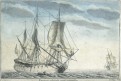 Loď plachetnice, kolor. mědiryt, 18 stol.