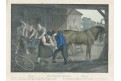 Kovář kovárna kůň, kolor. litografie (1840)