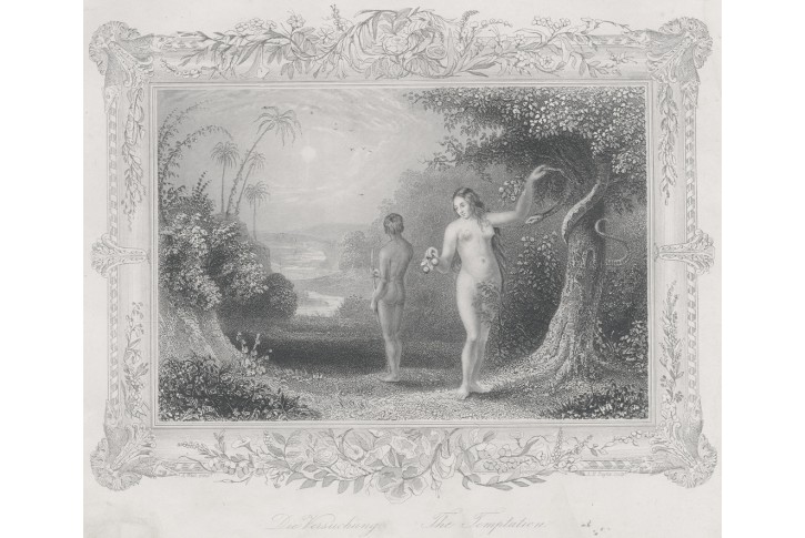 Adam a Eva pokušení, Payne, oceloryt, 1860
