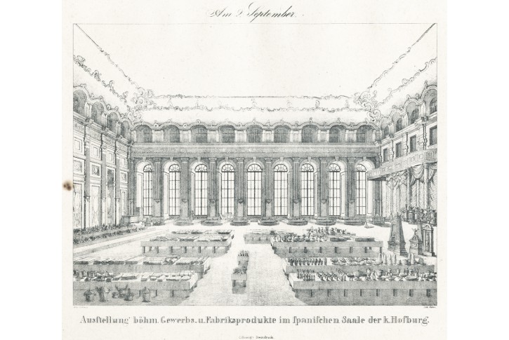 Praha Španělský sál výstava, litografie,1836