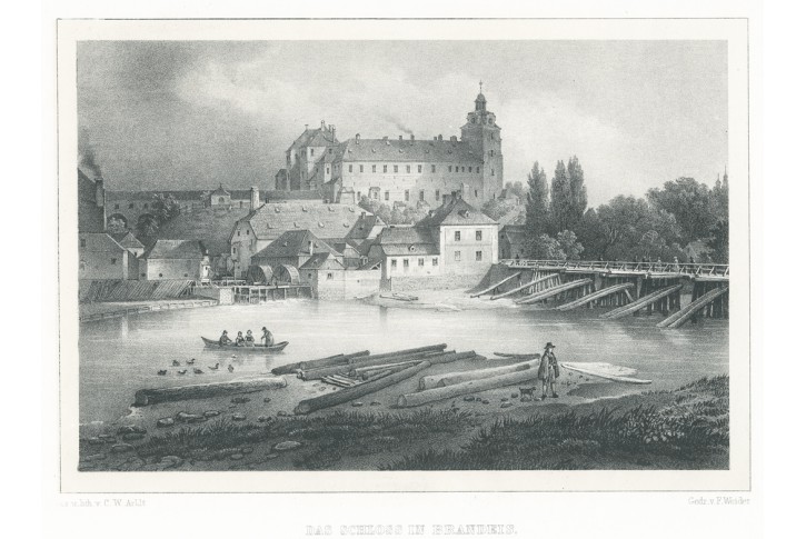 Brandýs N / L zámek , Semmler, litografie, 1845