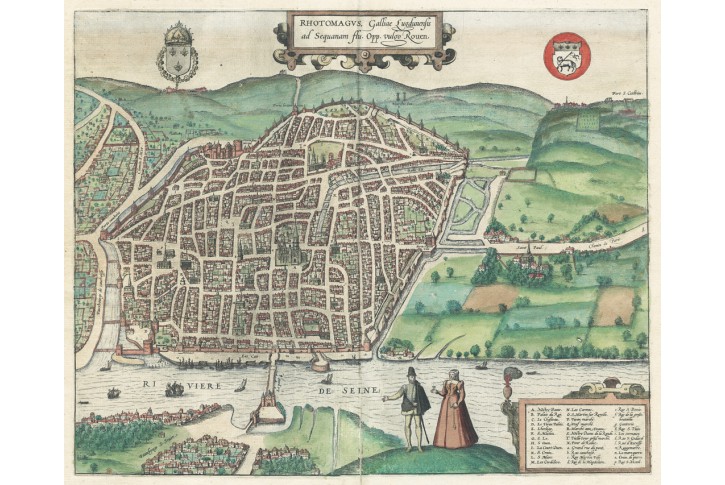 Rouen, Braun Hogenberg,  kolor. mědiryt 1581