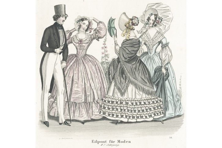 Moda 30., kolorovaný oceloryt, 1843