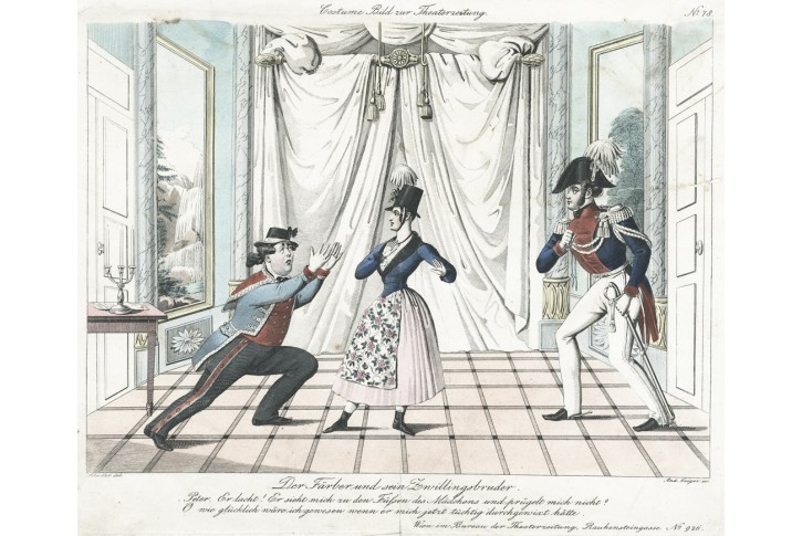 Kostýmy k Nestroyovi, kolor. mědiryt, 1840