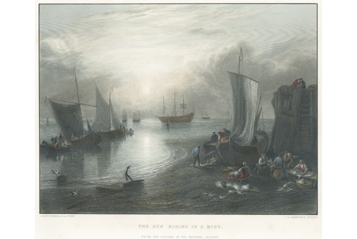 Loď východ slunce v přístavu, oceloryt , (1840) 
