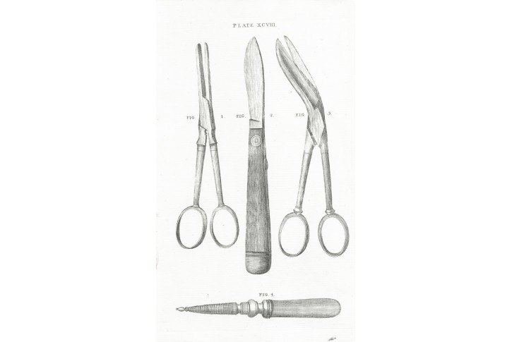 Chirurgie nástroje nůž nůžky, Bell,  mědiryt, 1786