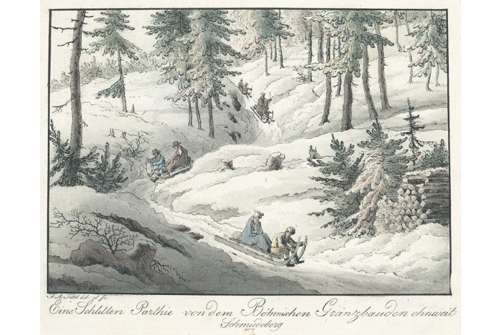 Krkonoše jízda na saních, kolor. mědiryt, (1800)