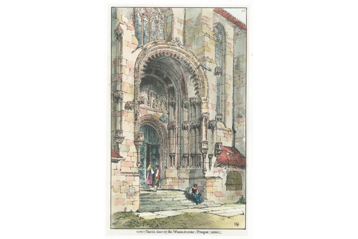 Praha Týn portál, kolor. litografie (1840)