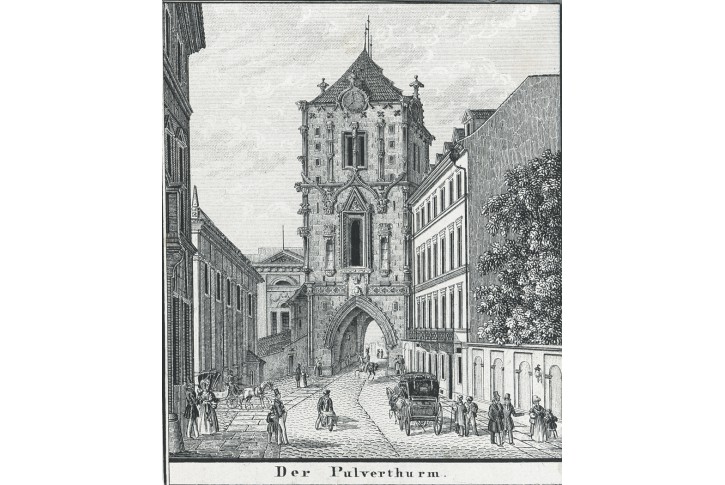 Praha Prašná brána , VASQUEZ, litografie, 1840