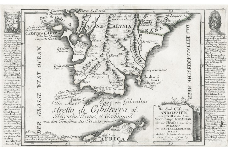 Gibraltar Andaliusie, Bodenehr, mědiryt, 1720