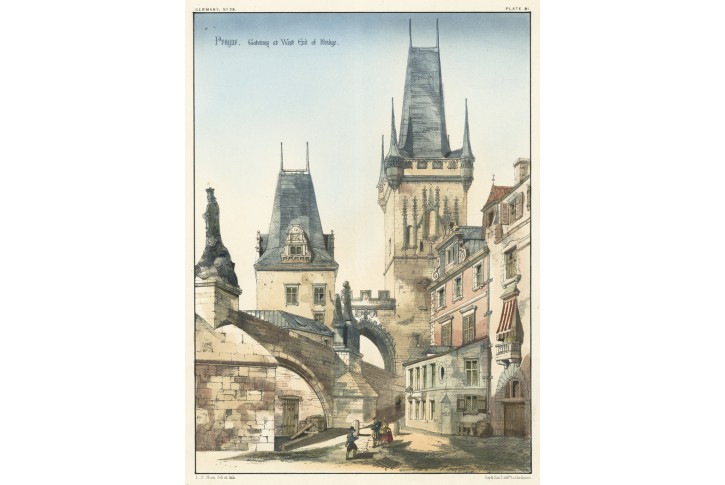 Praha Malostranska věž, kolor. litografie, 1858