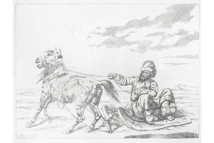 Hess C.A. H.: Kozák na saních, mědiryt, 1806
