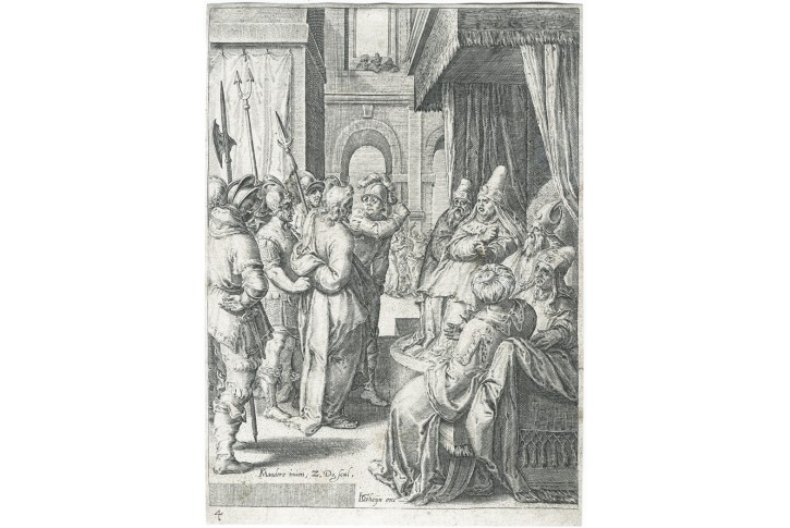 Kristus před Kaifášem, Z. Dolendo, mědiryt, 1596