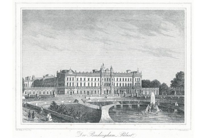 Buckinghamský palác, Medau,  litografie, 1848