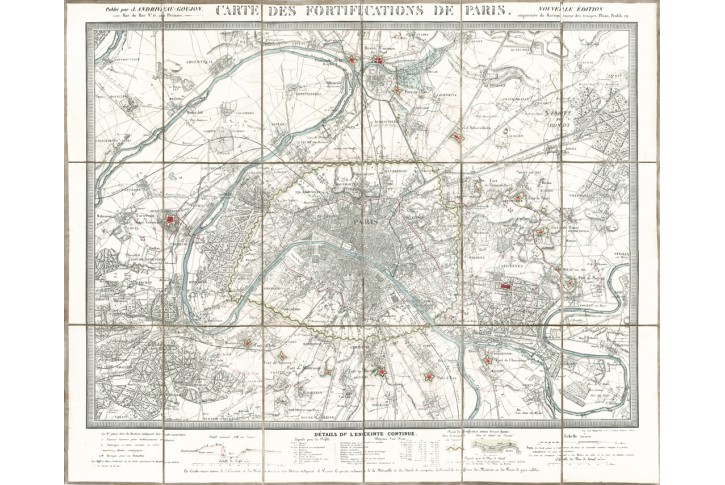 Paris Carte des fortifications, litografie,  1841