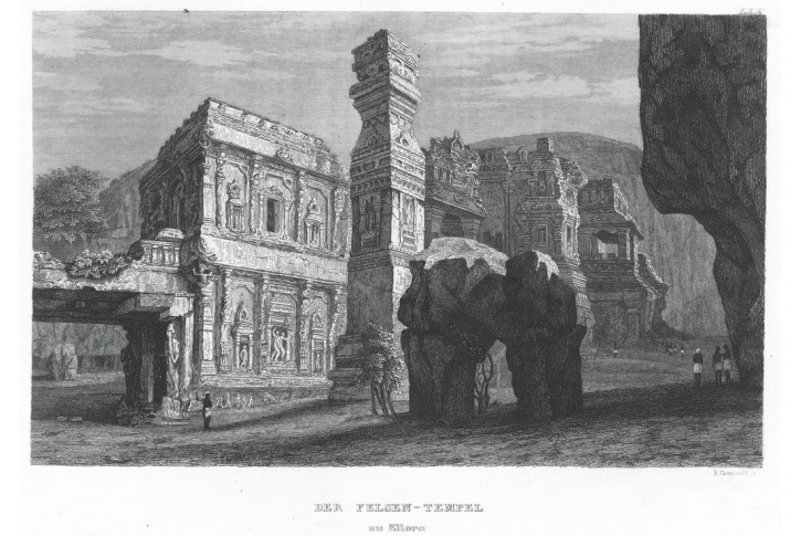 Ellora skalní chrám Indie, Meyer, oceloryt, 1850