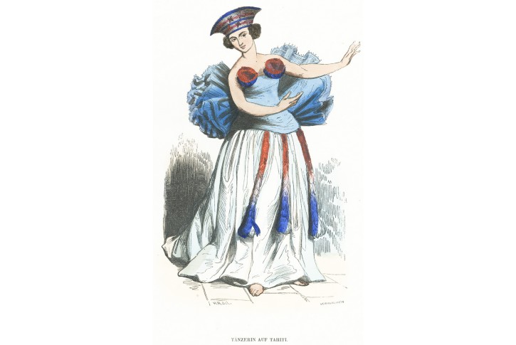 Tahiti tanečnice, Wahlen, kolor. dřevoryt, 1844