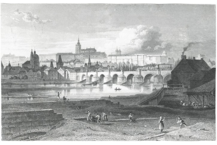 Praha Malá str. a Hradčany, Lange, oceloryt, 1841