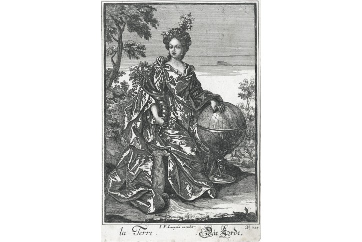 Země  alegorie, Leopold J. F., mědiryt, (1700)