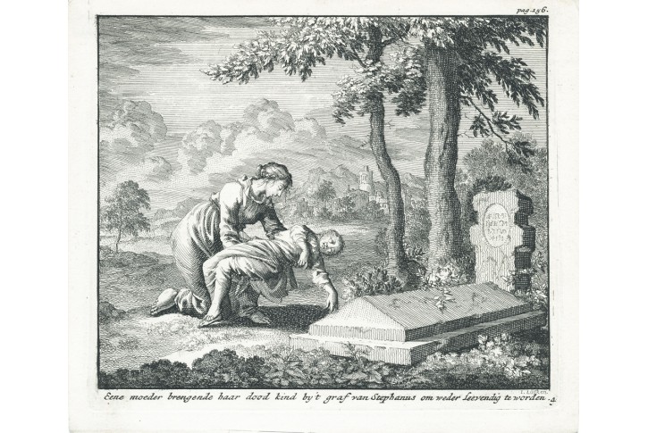 Dítě u hrobu sv. Štěpána, Luyken, , mědiryt, 1700