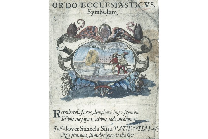 Trpělivost emblematická alegorie , mědiryt, (1700)