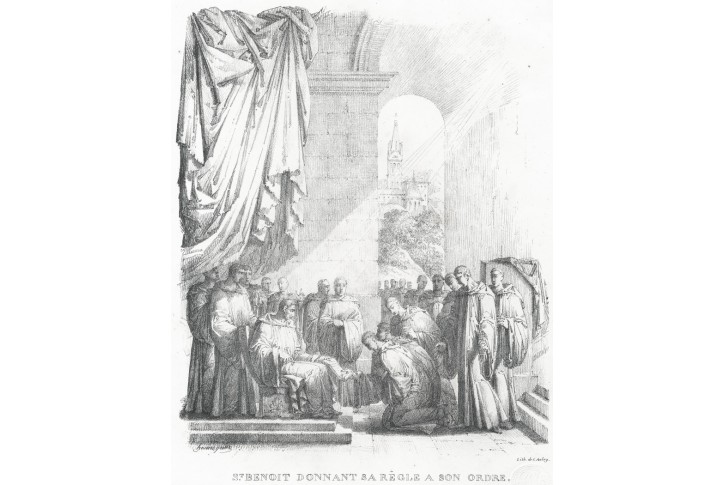 Sv. Benedikt zakládá řád, Aubry, litograf, (1840)