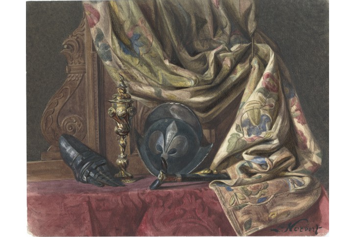 Drapérie s brněním, E. Norbert, kresba (1900)