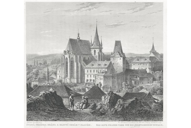 Slaný Pražská Brána , Mikovec, oceloryt 1860