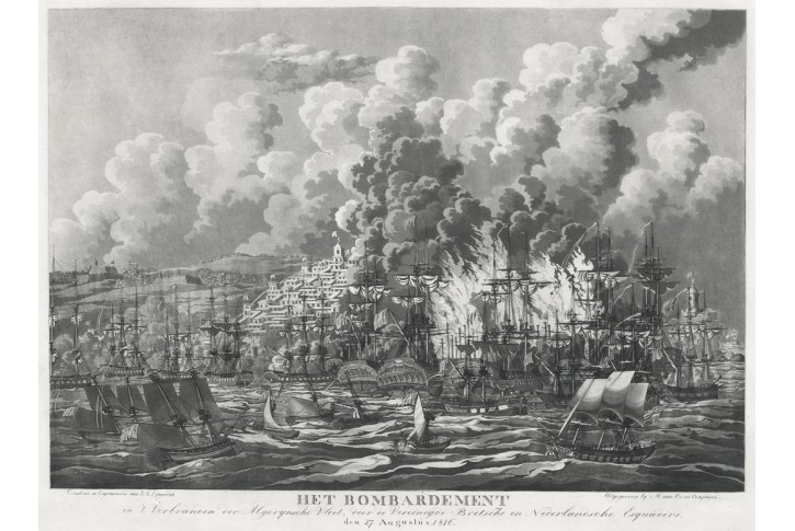 Alžír Algier odstřelování lodě, akvatinta, 1816