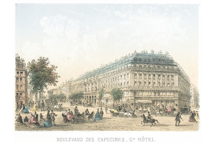 Paris Capucines, Riviere, kolor. litografie, 1870