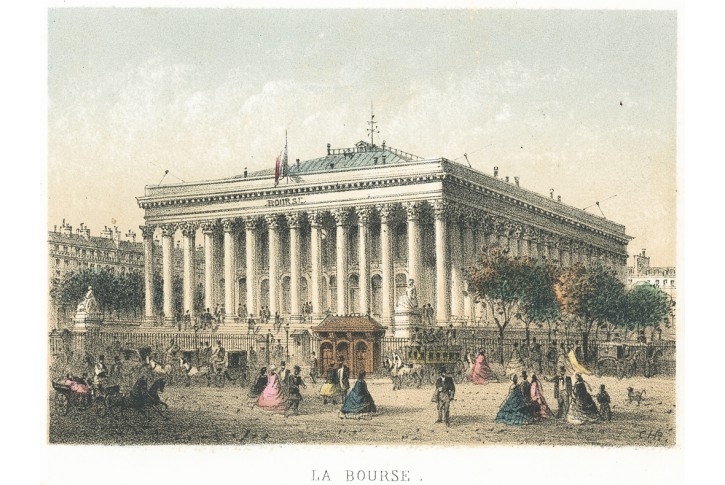 Paris Bourse, Riviere, kolor. litografie, 1870