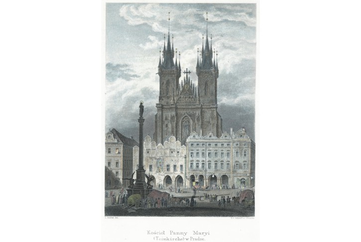 Praha Týnský chrám, Herloss, kolor. oceloryt, 1841