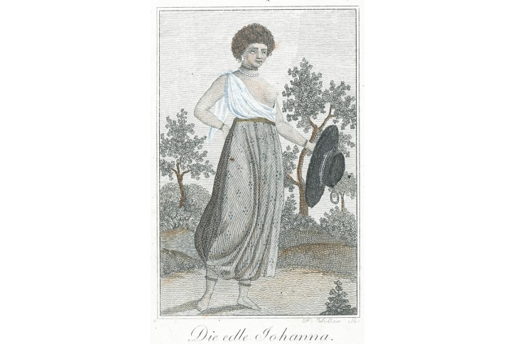 Surinam osvobozená otrokyně, kolor. mědiryt (1820)