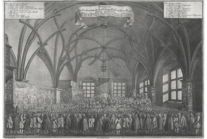 Praha hold stavů, korunovace, Rentz, mědiryt 1743