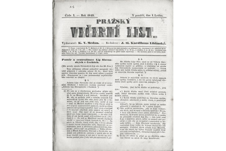 Pražský večerní list Knedlhans Liblinský 1849