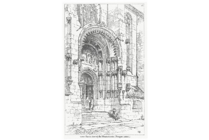 Praha Týnský chrám portál, litografie (1840)