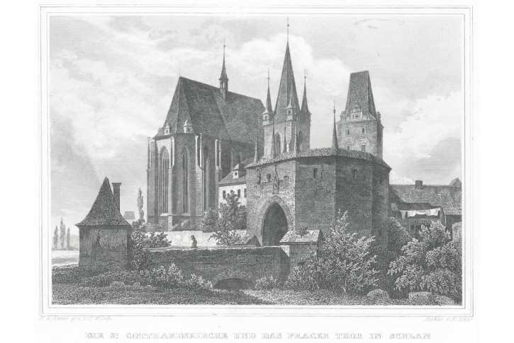 Slaný Pražská brána, Lange, oceloryt, 1842