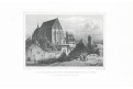 Znojmo chrám sv. Mikuláše, Lange, oceloryt, 1842