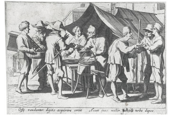 Prodej jídla na trhu, Marcus J., mědiryt, 1618