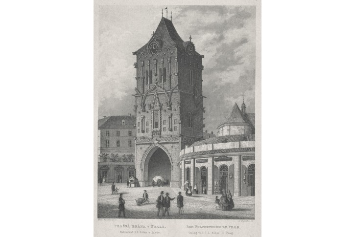 Praha Prašná Brána, Mikovec, oceloryt 1860