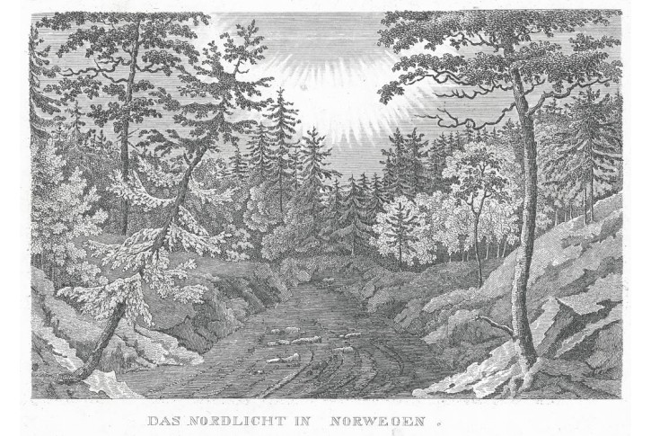 Polární záře Norsko, Strahlheim, oceloryt, 1837
