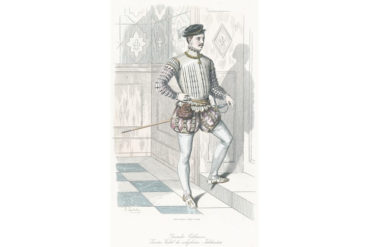 Německo kroj šlechtic, kolor dřevoryt, 1875