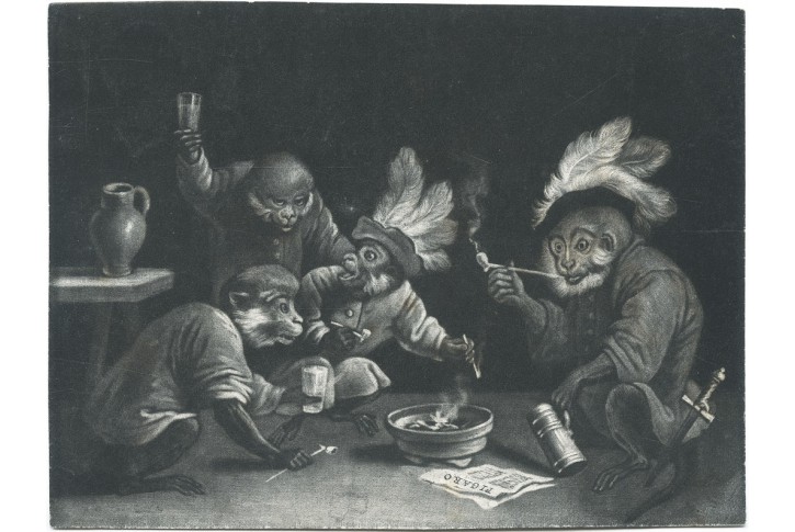 Opice kouří a pijí, Tenniers, akvatinta, (1800)